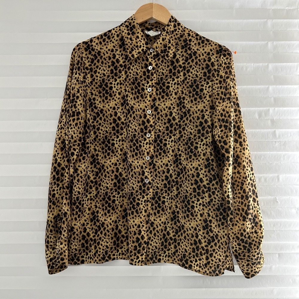 Allison Taylor 100% Silk Leopard Print Button Down Shirt Blouse Womens Medium